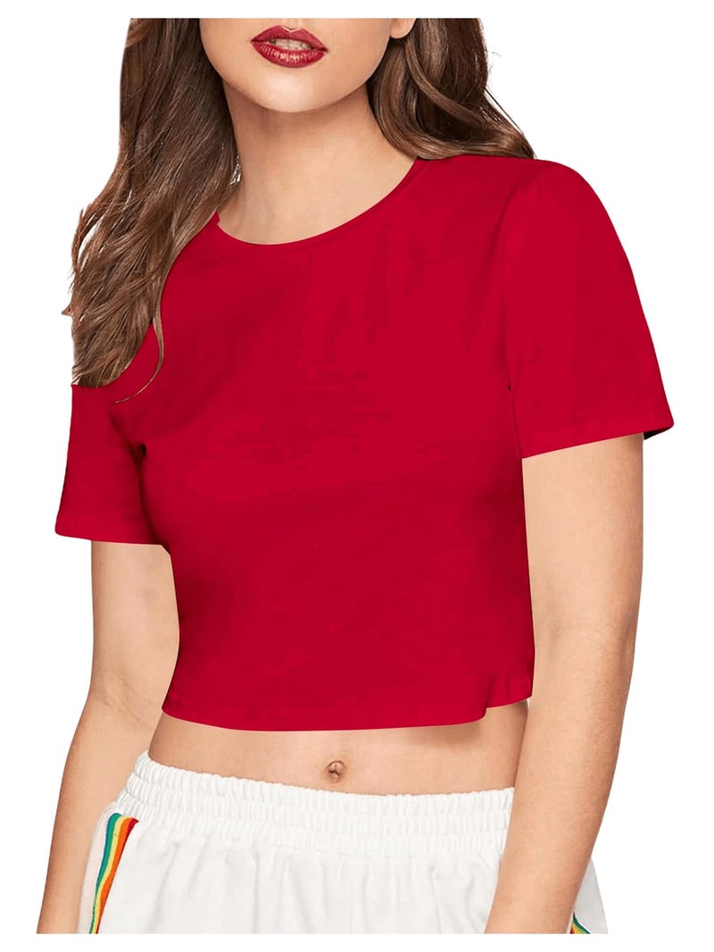 SweatyRocks Women's Casual Short Sleeve Crew Neck Basic Crop Top T Shirts Red L - Image 1